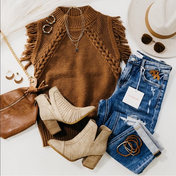 Brown cable knit fringe western braided vest cable short sleeve sweater top - Picture 3 of 4